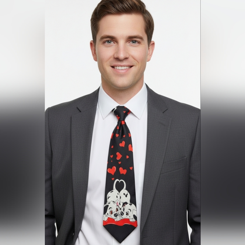 VTG Disney 101 Dalmatians Necktie Black Red Hearts Puppy Dog Novelty Tie